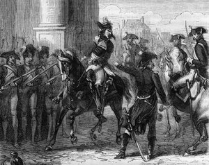 François Hanriot (1761-1794), revolucionario francés en la puerta de la convención (9 termidor 1794) - Grabado en "Historia de los Girondinos" por Alphonse de Lamartine (1790-1869) 1865-1866 - Colección privada