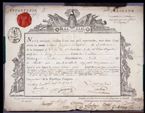 Revolución Francesa: documento oficial de licencia militar fechado el 5 Prairial año IV (24/05/1796) de un teniente de la brigada del distrito de Cambrai. Archivos Departamentales de Nord Lille de Anonymous Anonymous