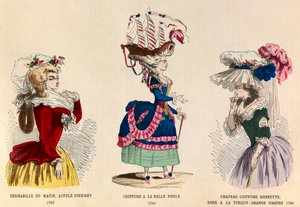 De izquierda a derecha: Deshabille du matin llamado Pierrot en 1787; Peinado a la Belle Choule en 1780; Sombrero y vestido de gran adorno turco en 1786 - colección privada de Anonymous Anonymous