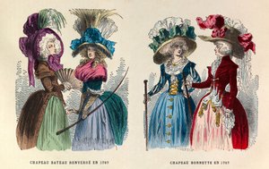 De izquierda a derecha: Sombrero de barco volcado; Sombrero de hilo en 1787 - colección privada de Anonymous Anonymous