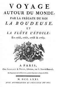 Frontispicio de 1771 del libro "Viaje alrededor del mundo por la fragata del rey La Boudeuse y la flauta L