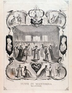 Frontispicio de la partitura musical de Tutti in maschera, ópera de Carlo Pedrotti