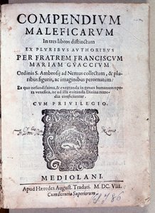 Frontispicio de Compendium maleficarum de Guazzo sobre demonología y brujería (grabado)