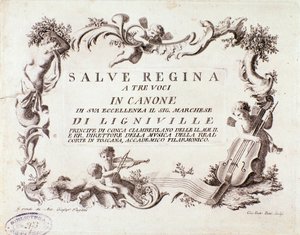 Portada de una partitura musical del himno Salve regina para tres voces del marqués de Ligneville (1768) de Anonymous Anonymous