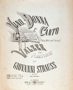 Frontispicio de la partitura musical de Vino, Mujeres y Canciones de Johann Strauss