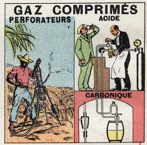 Presión de gas: sartenes de gas utilizadas para taladros de aire comprimido y en la fabricación de cerveza. Ilustración anónima de 1925. Colección privada. de Anonymous Anonymous