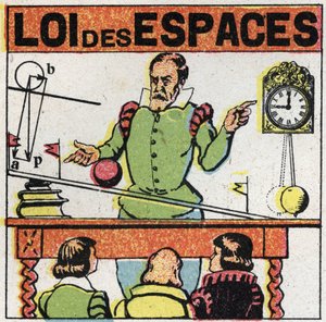 Granulosidad: ley de los espacios. Galileo (o Galileo Galilei (1564-1642)) observa el movimiento de una bola en un plano inclinado para estudiar la caída de los cuerpos. Ilustración anónima de 1925. Colección privada. de Anonymous Anonymous
