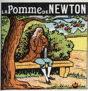 Gravitación: la manzana de Newton. Isaac Newton (1642-1727) observa una manzana caer de un manzano y descubre las leyes de la gravedad terrestre. Ilustración anónima de 1925. Colección privada.
