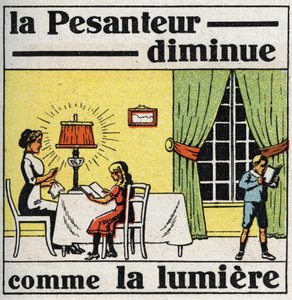 Gravitación: ley del cuadrado. La gravedad disminuye como la luz. Ilustración anónima de 1925. Colección privada. de Anonymous Anonymous