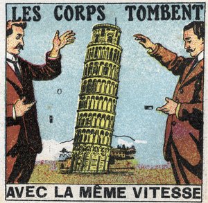 Gravedad: los cuerpos caen con la misma velocidad. Uso de la Torre de Pisa para ilustrar las leyes de la caída de los cuerpos. Ilustración anónima de 1925. Colección privada. de Anonymous Anonymous
