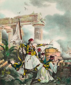 Guerra de Independencia Griega contra el Imperio Otomano: la bandera se levanta en Salona por Nickolaki Mitropolos después del levantamiento del 25/03/1821. Litografía del siglo XIX Colección privada