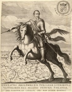 Gustavo II Adolfo, llamado el Grande o el león del Norte (1594-1632), rey de Suecia, cabalgando sobre el mapa de Pomerania de Anonymous Anonymous