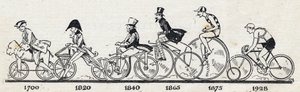 Historia de la bicicleta: diferentes modelos de bicicletas desde 1700 hasta 1928. Grabado en "El Pequeño Diario Ilustre". de Anonymous Anonymous