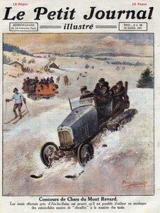 Innovación en los coches en las montañas, se colocan pistas en las ruedas para evitar derrapes. Ilustración tomada de “Le petit journal” del 27/02/1921. Colección privada