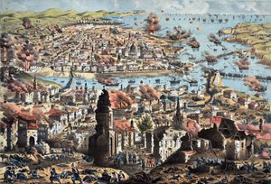 Interior de Sebastopol (Sebastopol), destrucción de la ciudad por los rusos, su retirada - Oficial de artillería desconocido - 1855 - Litografía en color - 51,3x68,4 - Colección privada