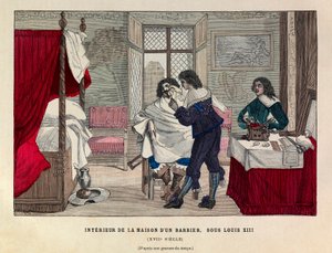 Interior de una casa de barbero en París bajo el reinado del Rey Luis XIII en el siglo XVII - colección privada de Anonymous Anonymous
