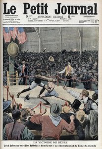 Jack Johnson ganando el campeonato mundial de boxeo contra Jim Jeffries en Reno, Nevada, 4 de julio de Anonymous Anonymous