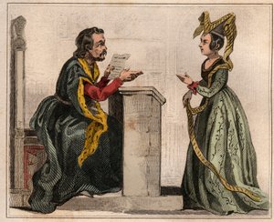 Jehan Pastoret (1328-1405), Presidente del Parlamento de París bajo el reinado de Carlos V con una mujer noble, usando un liripion. Grabado de 1859 en “Le Monde. Historia de todos los pueblos desde los tiempos más remotos hasta el presente” por M. E. de Lo de Anonymous Anonymous
