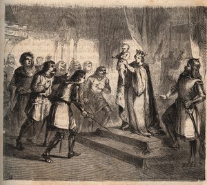 Juana de Flandes (1295-1374), esposa de Juan de Montfort, Duque de Bretaña (1293-1345) presenta a su hijo, Juan IV de Bretaña, Conde de Montfort (conocido como el valiente o el conquistador)