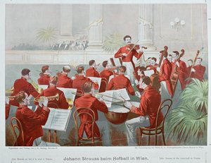 Johann Strauss hijo dirigiendo su orquesta durante un baile ... (litografía) de Anonymous Anonymous