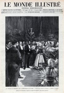 Viaje de Sadi Carnot (1837-1894) a Saboya: el Presidente de la República es recibido en Chambery por niñas que le ofrecen un ramo de flores. Grabado en 