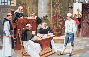 Juicio en la Corte de Ginebra del teólogo español Miguel Serveto, condenándolo a la hoguera por herejía en 1553