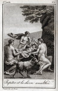 Júpiter niño alimentado por la cabra Amaltea. Grabado de 1819 en “Lettres a Emilie sur la mythologie” de Charles Albert Demoustier (1760-1801). Colección privada. de Anonymous Anonymous