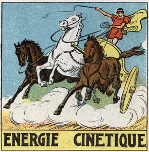 Energía cinética: auriga en la época de la Antigüedad conduciendo un carro tirado por caballos. Ilustración anónima de 1925. Colección privada. de Anonymous Anonymous