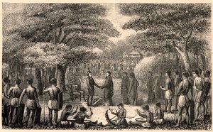 El rey Lebuschi recibe a Henri Depelchin (1822-1900), misionero jesuita y primer superior de la misión del Alto Zambeze en África. Grabado en “Les Missions Catholiques au XIXeme Siecle” de Louis-Eugene Louvet. Colección privada. de Anonymous Anonymous