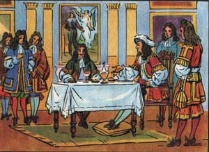 El rey Luis XIV (1638-1715) recibió al comediante y dramaturgo Jean Baptiste Poquelin, conocido como Molière (1622-1673), durante un desayuno en presencia de la corte en el castillo de Versalles. Ilustración anónima en 