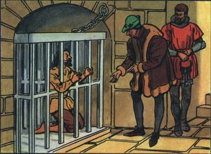 El rey Luis XI visitando las jaulas de la prisión de la Bastilla. Ilustración anónima en “Collection des souverains et chefs d