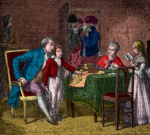 El rey Luis XVI y la familia real retenidos en el templo bajo la supervisión de los revolucionarios, grabado, colección privada de Anonymous Anonymous