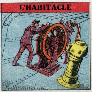 Magnetismo terrestre: dos marineros maniobrando el timón de un barco mirando la cabina, una caja de cobre en la que se encuentra una brújula. Ilustración anónima de 1925. Colección privada.
