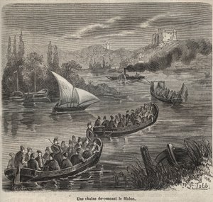 El bagne de Toulon - una cadena descendiendo el Ródano - Grabado en “Histoire des bagnes depuis leur création à nos jours” (1877) por Pierre Zaccone (1817-1895) de Anonymous Anonymous