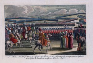 ""El sultán otomano Selim III (1761-1808) revisando su nueva infantería"" Grabado anónimo 1806 Colección privada