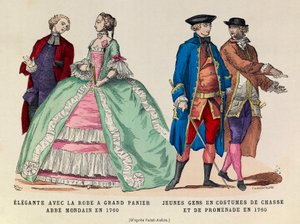 Izquierda: Elegante con un gran vestido de cesta, abate mundano en 1760 / Derecha: Jóvenes en traje de caza y paseo en 1760 (reinado del rey Luis XV) - colección privada de Anonymous Anonymous