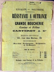 Legalidad - Saneamiento. Resistencia a ultranza. Gran carnicero canino y felino... Cartel mostrando el precio de la carne de perro y gato para los habitantes de París durante el sitio durante la Comuna de 1870