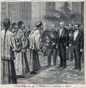 Li Hongzhang recibido por el Presidente de la República Félix Faure (1841-1899) en el Palacio del Elíseo. Grabado en "Le Petite Parisien" de Anonymous Anonymous
