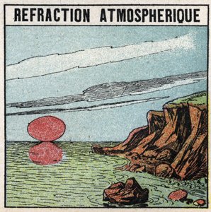 Refracción de la luz: la refracción atmosférica da la ilusión de que el sol es más grande al amanecer o al atardecer que en el cenit. Ilustración anónima de 1925. Colección privada.