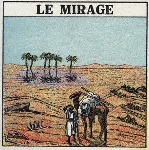 Refracción de la luz: espejismo. La refracción atmosférica da la ilusión de un oasis apareciendo en un desierto. Ilustración anónima de 1925. Colección privada. de Anonymous Anonymous