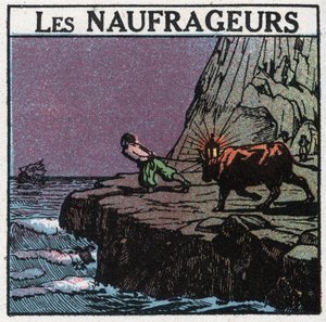 Señales luminosas: los naufragios. Un hombre cuelga una linterna entre los cuernos de una vaca y camina por la costa para hacer creer a los barcos que aún están lejos de las rocas y así provocar su hundimiento para recuperar los restos. Ilustración anónima