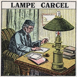 Fuentes de luz: lámpara Carcel, inventada por Guillaume Carcel (1750-1812) y usando aceite vegetal. Ilustración anónima de 1925. Colección privada
