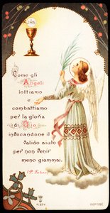 Como los ángeles luchamos y luchamos por la gloria de Dios Imagen piadosa con un cáliz y una hostia en la que vemos el monograma de Jesucristo, JHS. Siglo XX. Colección privada