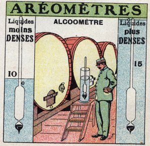 Equilibrio de líquidos: mide la densidad de un alcohol con un alcoholímetro (un aerómetro usado para alcohol). Ilustración anónima de 1925. Colección privada.
