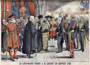 Londres, Gran Bretaña. Sir Marcus Samuel presenta al Presidente Emile Loubet una caja de oro después de la recepción en el Guildhall. Le Petit Journal, julio de 1903 de Anonymous Anonymous