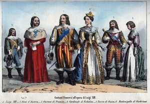 Luis XIII - Ana de Austria (1601-1666) - Gastón de Francia (Gastón, Duque de Orleans) - Armand Jean du Plessis, Cardenal de Richelieu - Enrique II de Guisa (Enrique II, Duque de Guisa) - Anne-Marie Budes de Guebriant - grabado de 