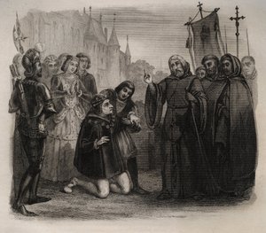 Luis XI (1423-1483) pidiendo su curación a Francisco de Paula (1416-1507) Grabado de 1846 en “Lives of the saints”. Colección privada. de Anonymous Anonymous