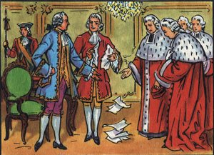 Luis XV (1710-1774), rey de Francia, derriba las decisiones del parlamento. Ilustración anónima en “Collection des souverains et chefs d