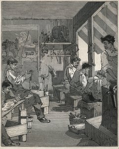 Fabricación de peines en un taller en Francia en el siglo XIX. Grabado de 1885 en 