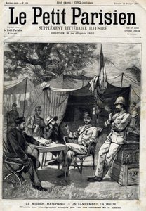 Campamento de la Misión Marchand: Jean-Baptiste Marchand (1863-1934), el Capitán Baratier a su izquierda y el Teniente Victor Emmanuel Largeau (1867-1916) y el Capitán Germain a su derecha. En "Le Peute Parisien" el 26/12/1897. Colección privada de Anonymous Anonymous